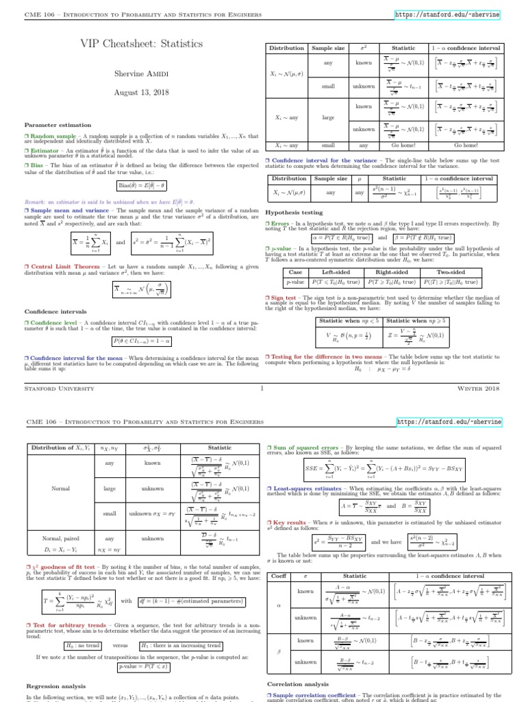 Statistics Cheat Sheet for Engineers | PDF