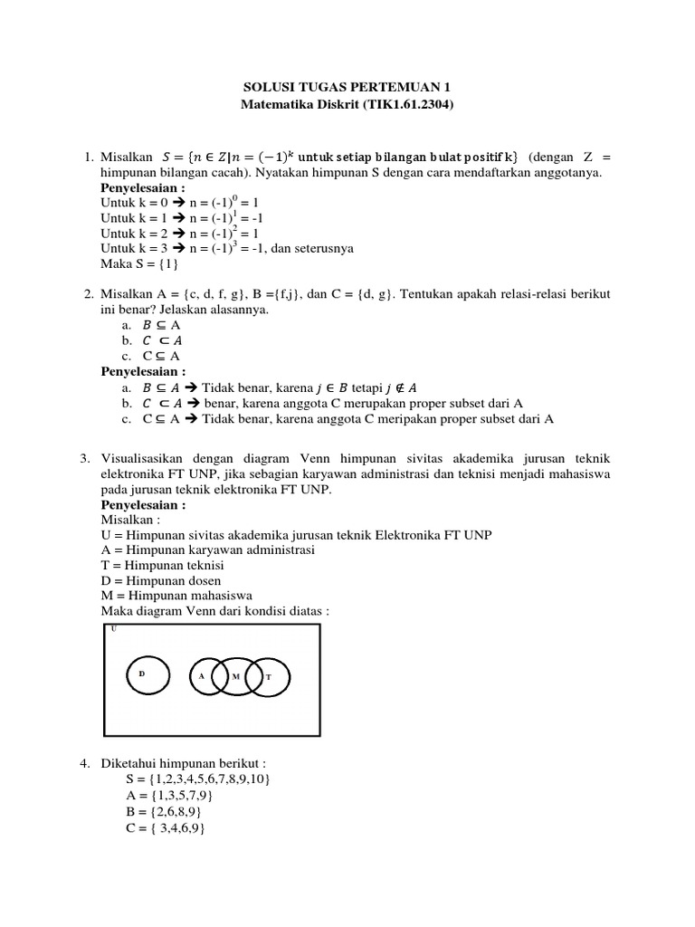 Solusi Matematika Diskrit Pertemuan 1 | PDF | Metode & Bahan Ajar ...