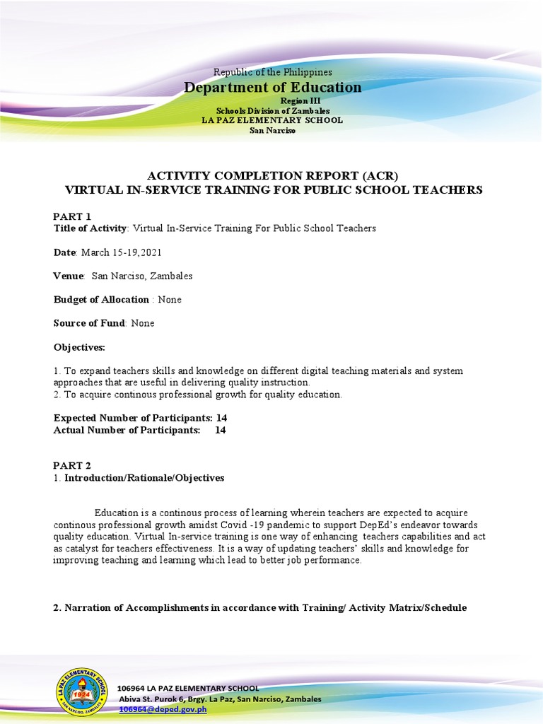 Department of Education: Activity Completion Report (Acr) Virtual In ...