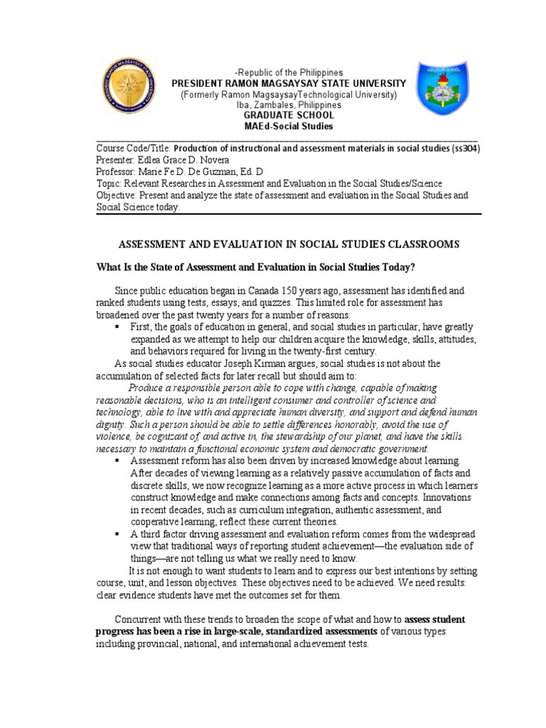 Assessment and Evaluation in Social Studies Classrooms What Is The