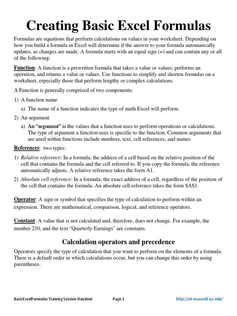 Excel Creating Basic Formulas Hand Out | PDF | Worksheet | Arithmetic