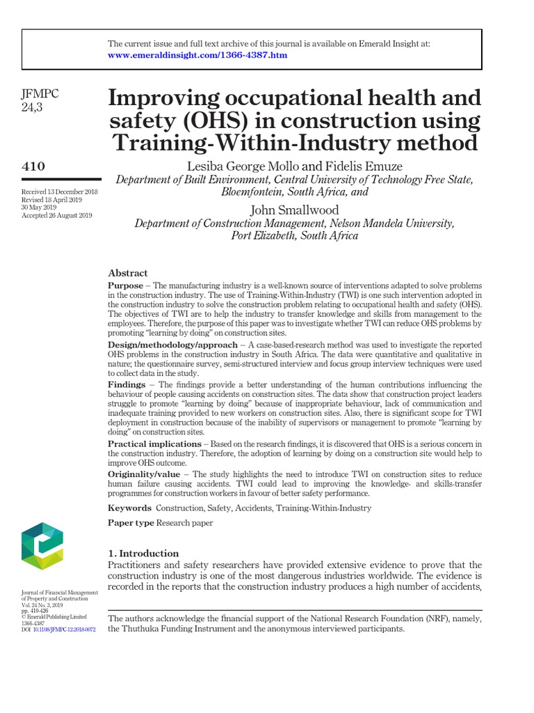 Improving Occupational Health and Safety (OHS) in Construction Using ...