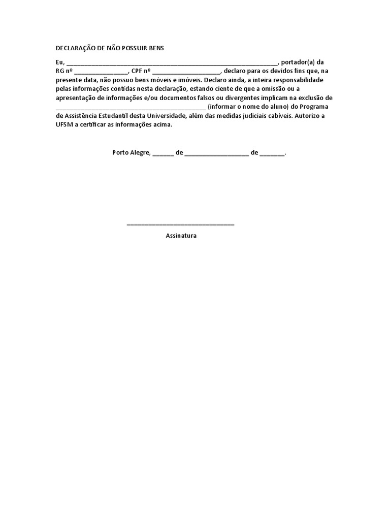 Declaração de Não Possuir Bens PDF