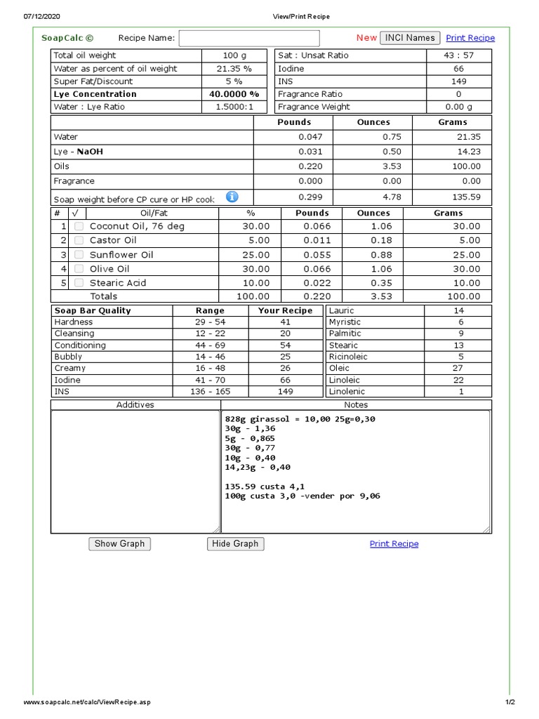 Lye Concentration 40.0000 Soapcalc © PDF Nutrients Hydrogen