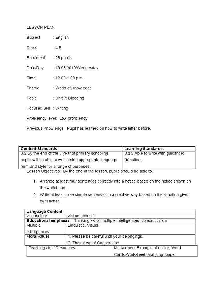 Lesson Plan Year 4 Writing Third Week | PDF | Lesson Plan | Teachers