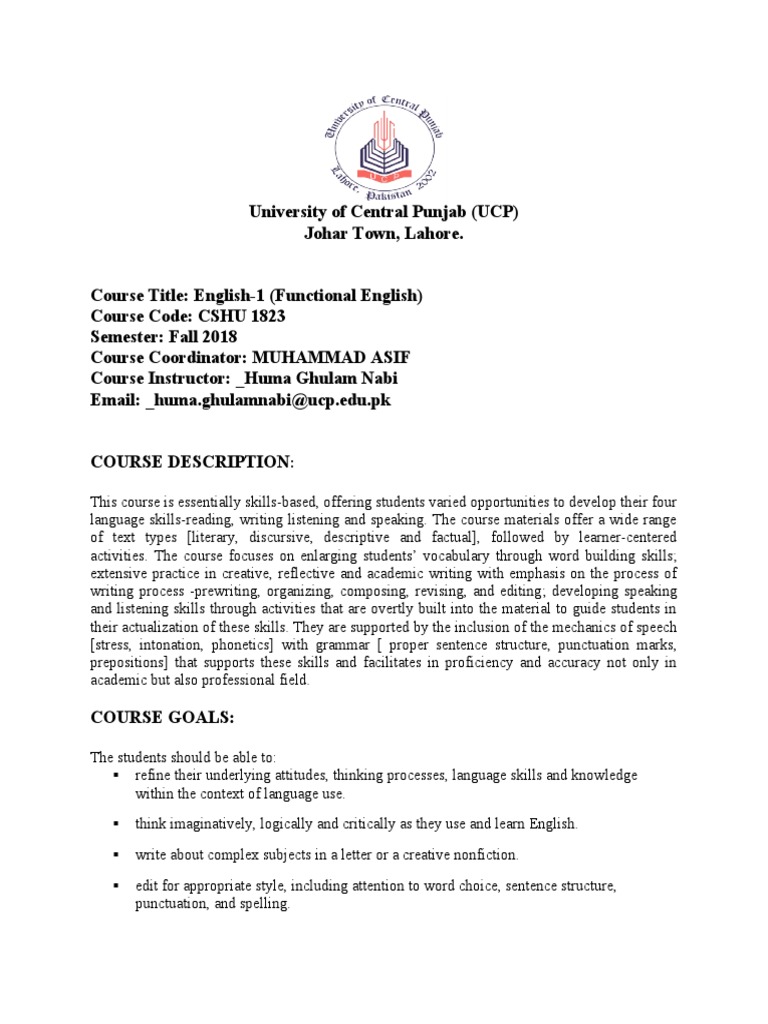 ENG - 1 Course Outline - Fall 2018 | PDF | Linguistics | Language Mechanics