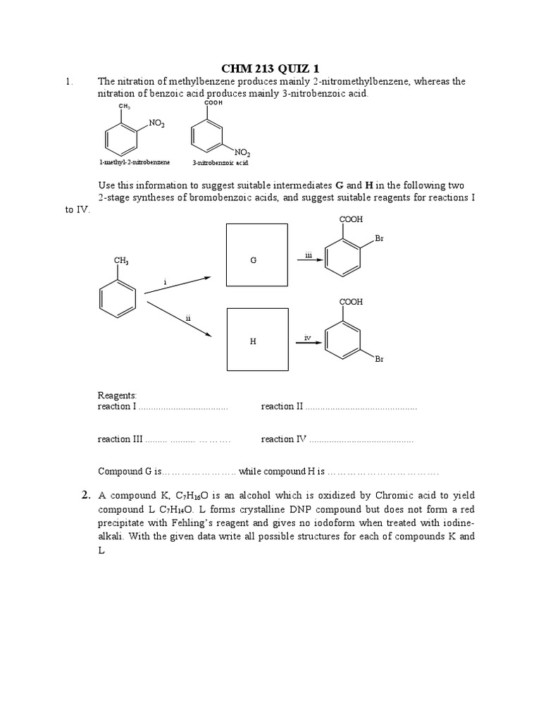 CHM 213 Quiz 1: Nitration & Synthesis | PDF