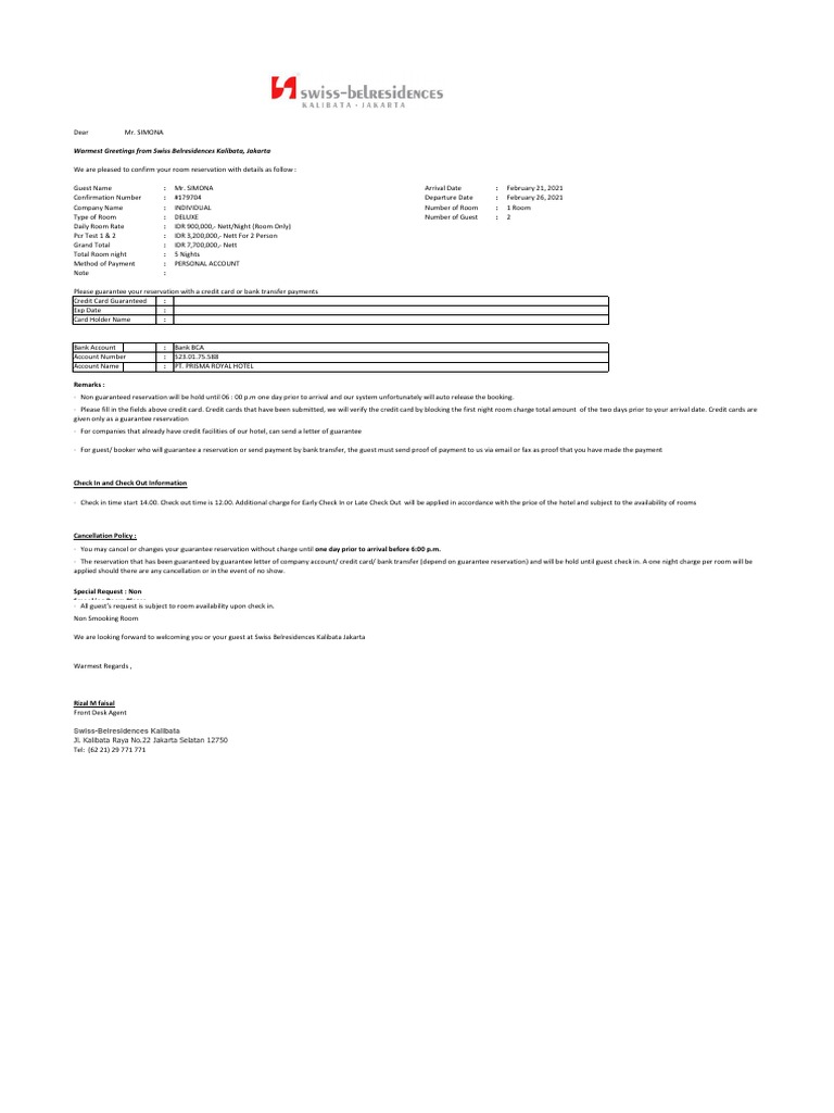 Swiss Belresidences Booking Confirmation | PDF | Credit Card | Payments