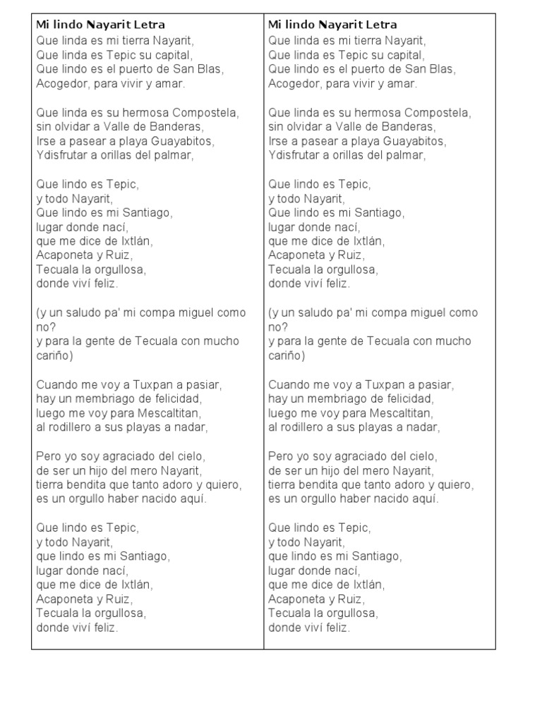 Mi Lindo Nayarit Letra PDF
