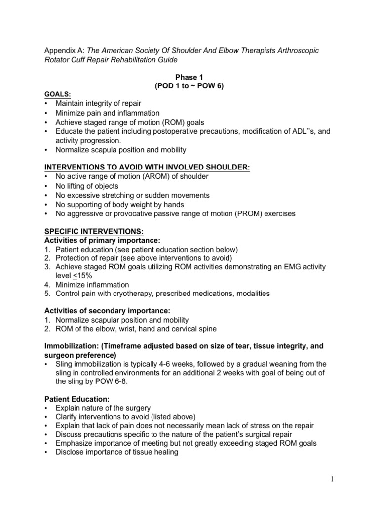 Rotator Cuff Repair Rehabilitation Guide Goals PDF Shoulder