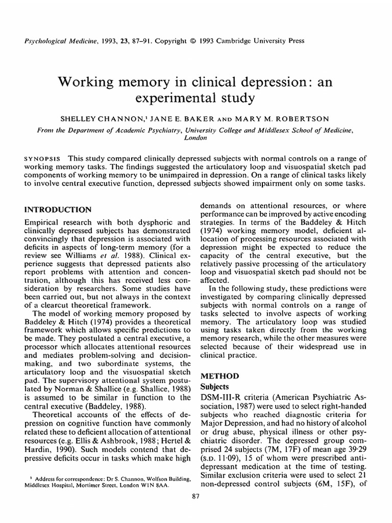 Working Memory in Clinical Depression: An Experimental Study | PDF ...