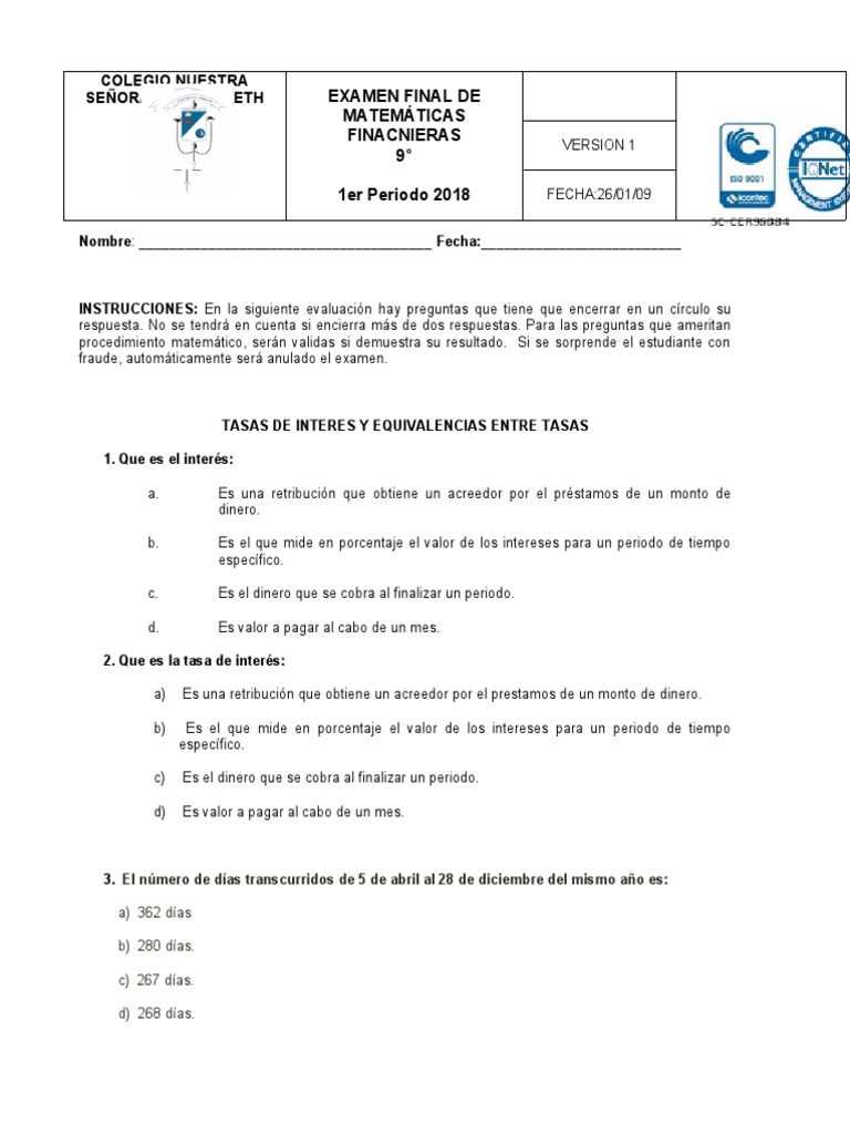 Examen Final 9° Matematicas Financieras | PDF | Interés | Economía ...