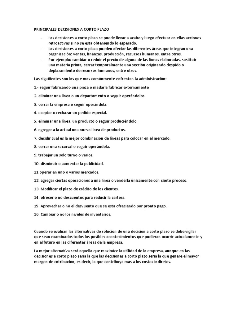 Decisiones a Corto Plazo en Empresas | PDF | Toma de decisiones | Empresas