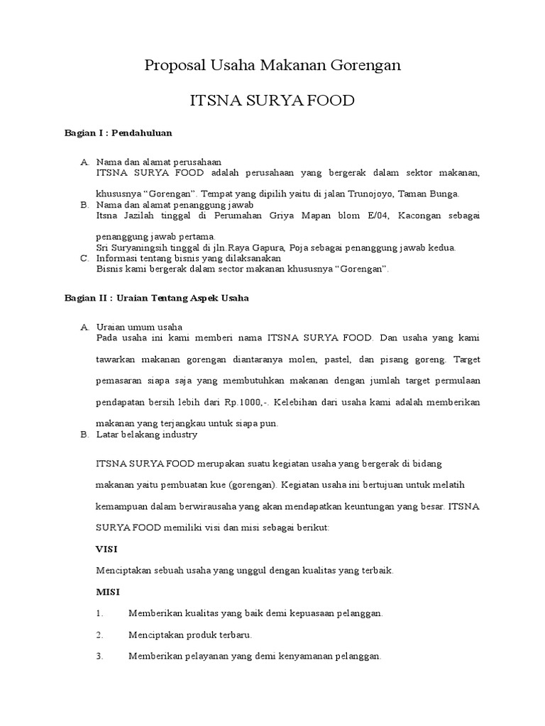 Proposal Usaha Makanan Gorengan Pdf