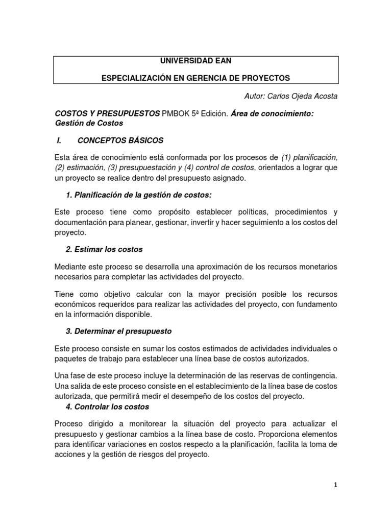 Gestión de Costos en Proyectos PMBOK | PDF | Presupuesto | Planificación