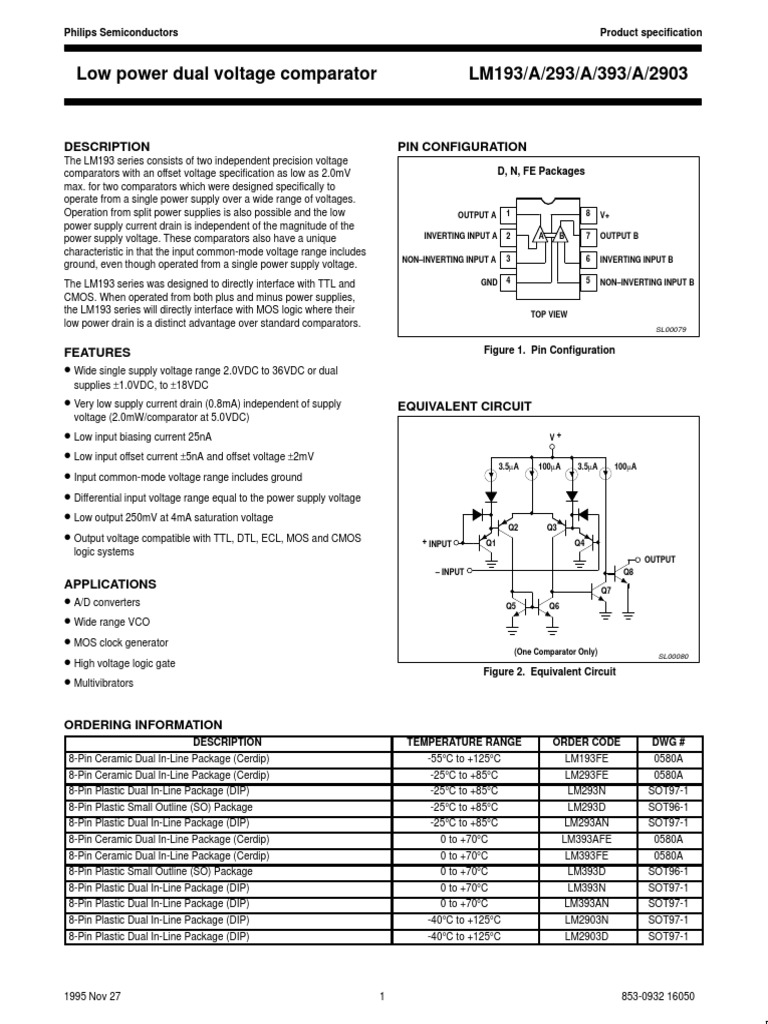 LM193/A/293/A/393/A/2903 Low Power Dual Voltage Comparator Description