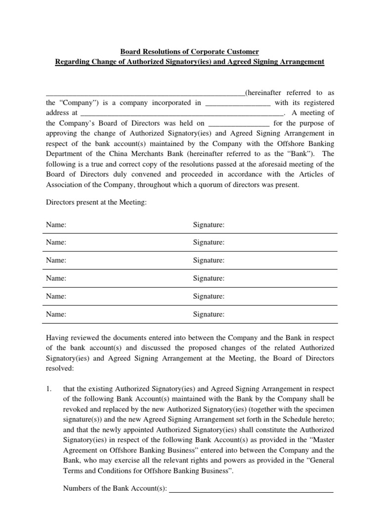 Board Resolution for Signatory Change | PDF | Identity Document | Signature
