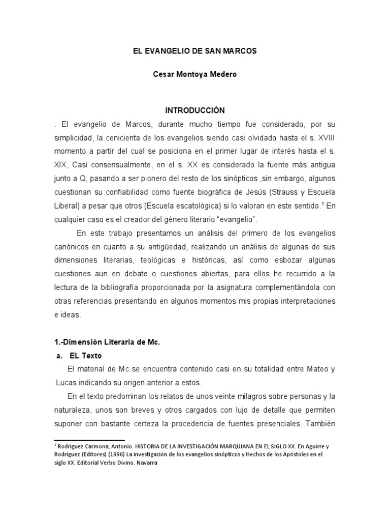 Análisis del Evangelio de San Marcos | PDF | Evangelios | Evangelio de ...