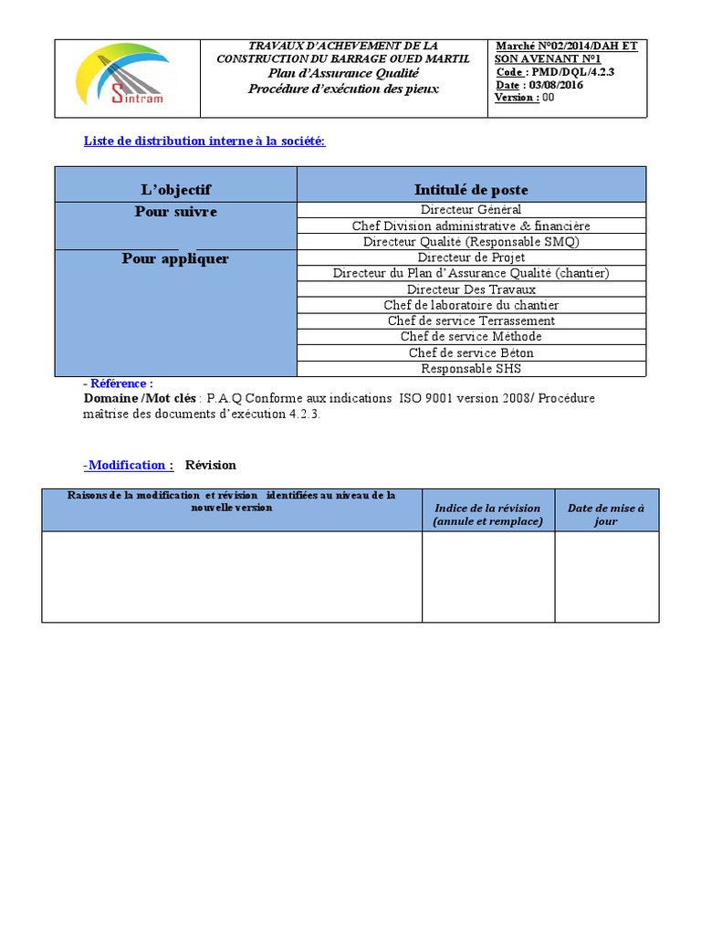 Schéma Organisationnel Du Plan D assurance Qualité Aménagement Paysager 1.procédure Pieuxv1 | PDF | Forage | Fondation profonde