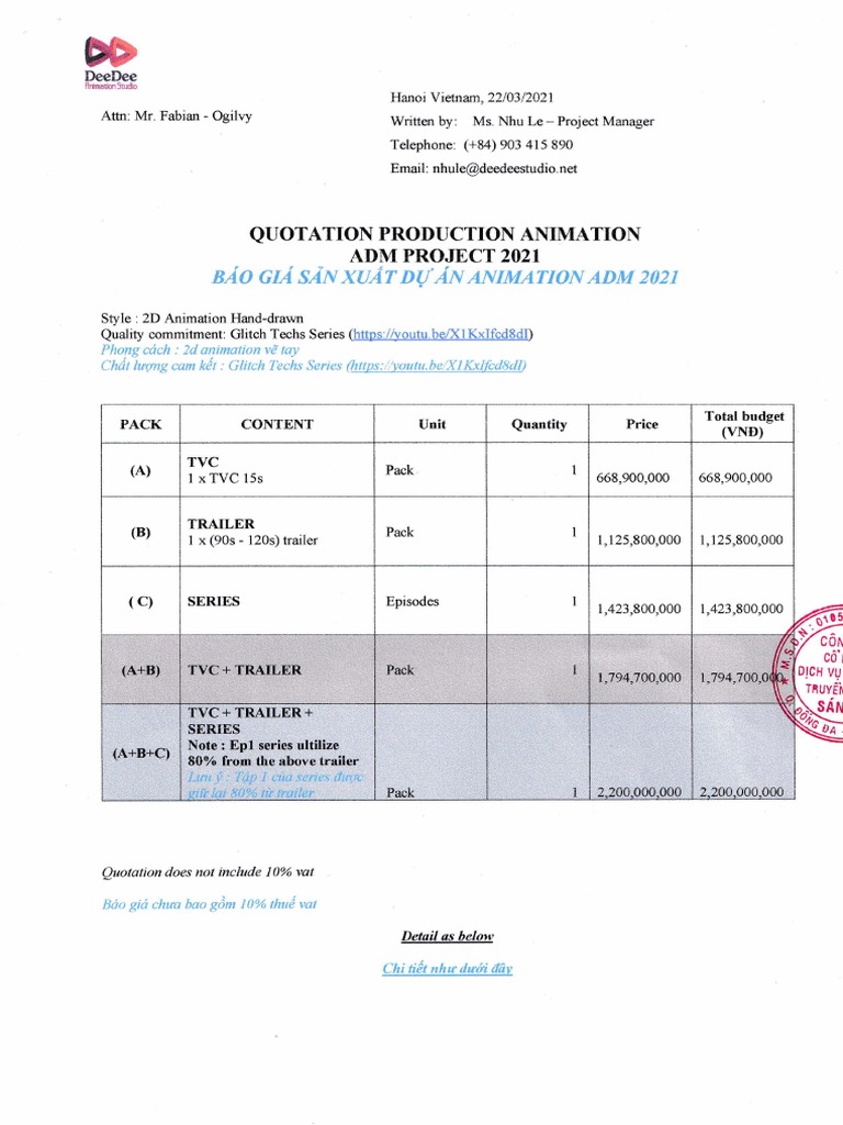 Animation Project Quotation Breakdown | PDF | Film Industry | Special ...