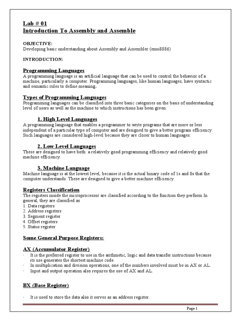 Lab # 01 Introduction To Assembly and Assemble: Programming Languages ...