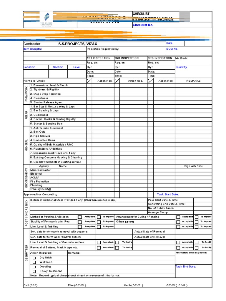 Checklist Concrete works | Concrete | Building