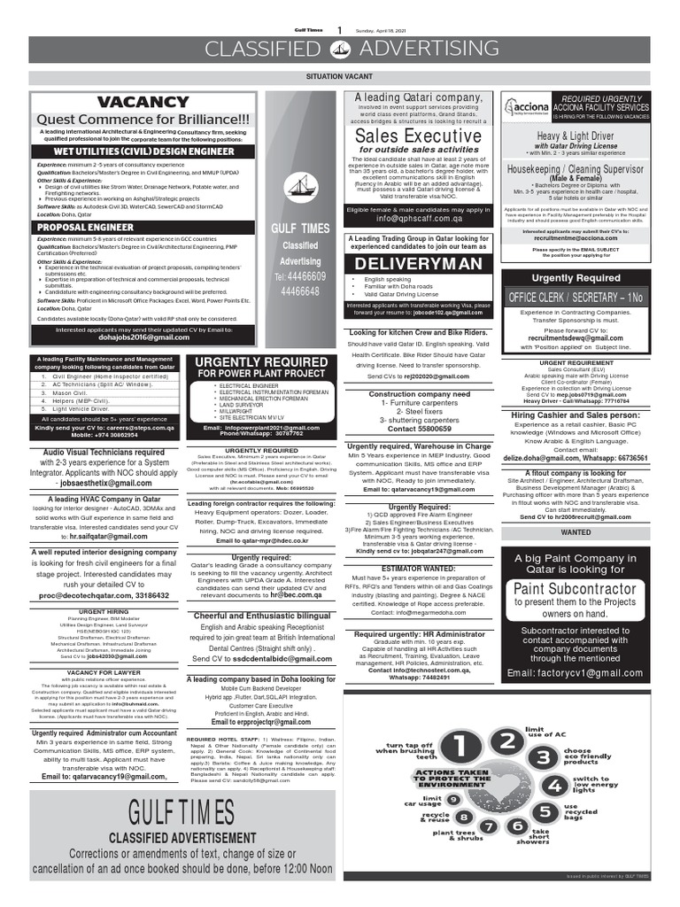 Gulf Times Job Vacancies in Qatar | PDF | Qatar | Academic Degree