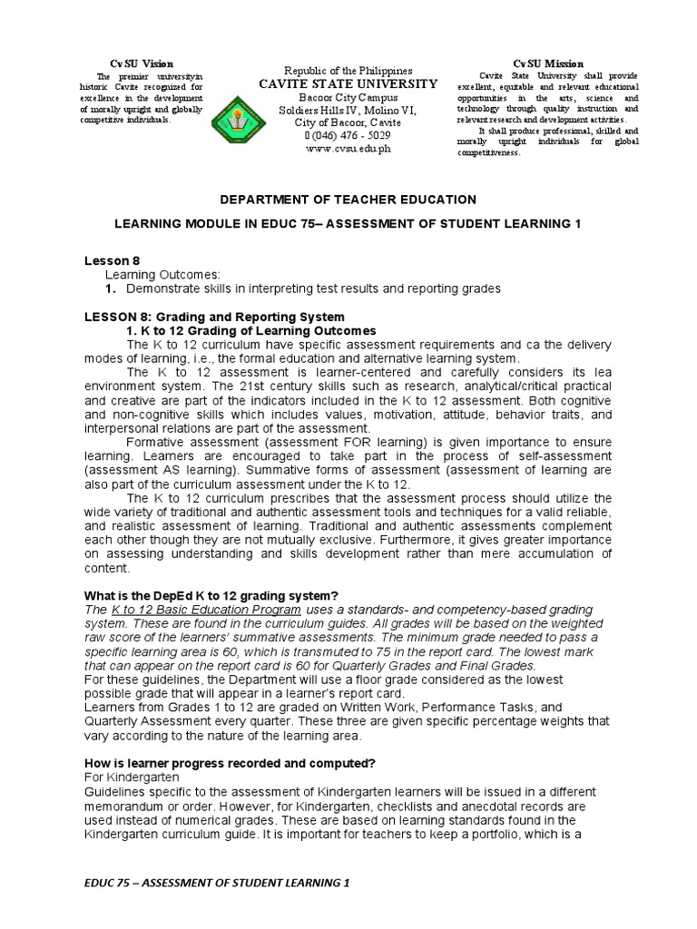 CvSU Grading and Assessment Overview | PDF | Educational Assessment ...