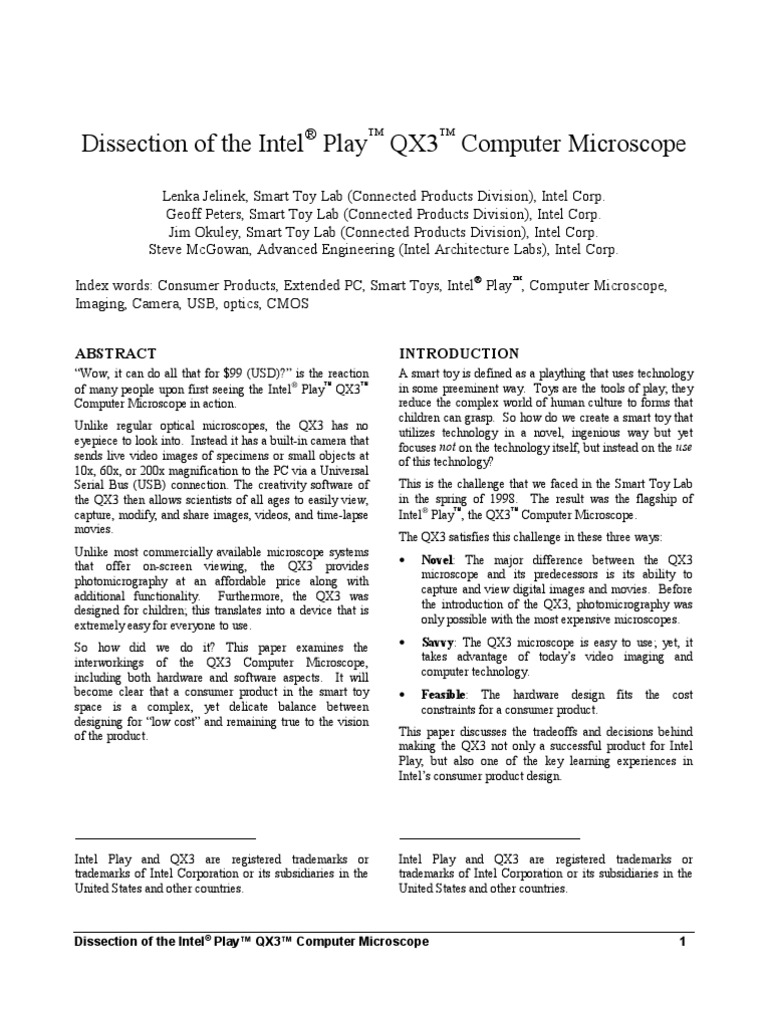 Dissection of The Intel Play QX3 Computer Microscope PDF Pixel