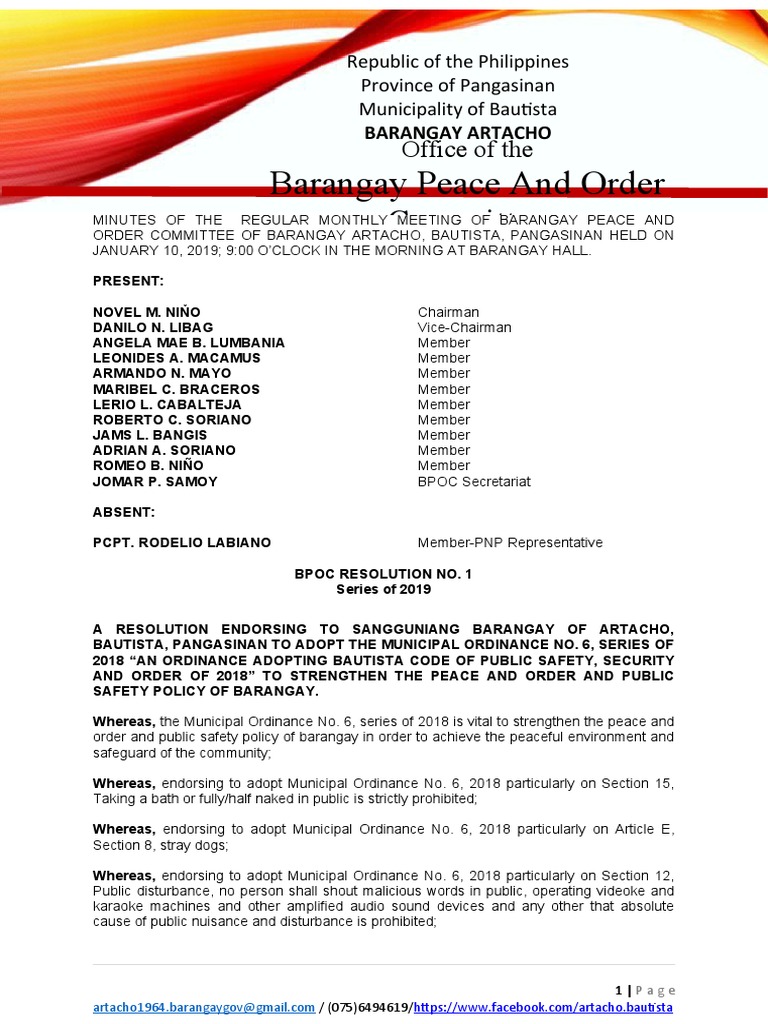 Barangay Resolution for Peace and Order | PDF | Government | Justice