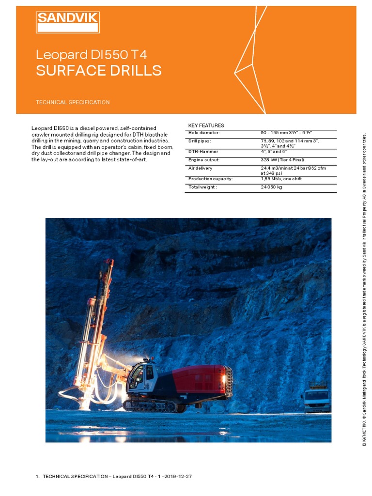 Di550 t4 Specification Sheet English PDF Drill Drilling Rig