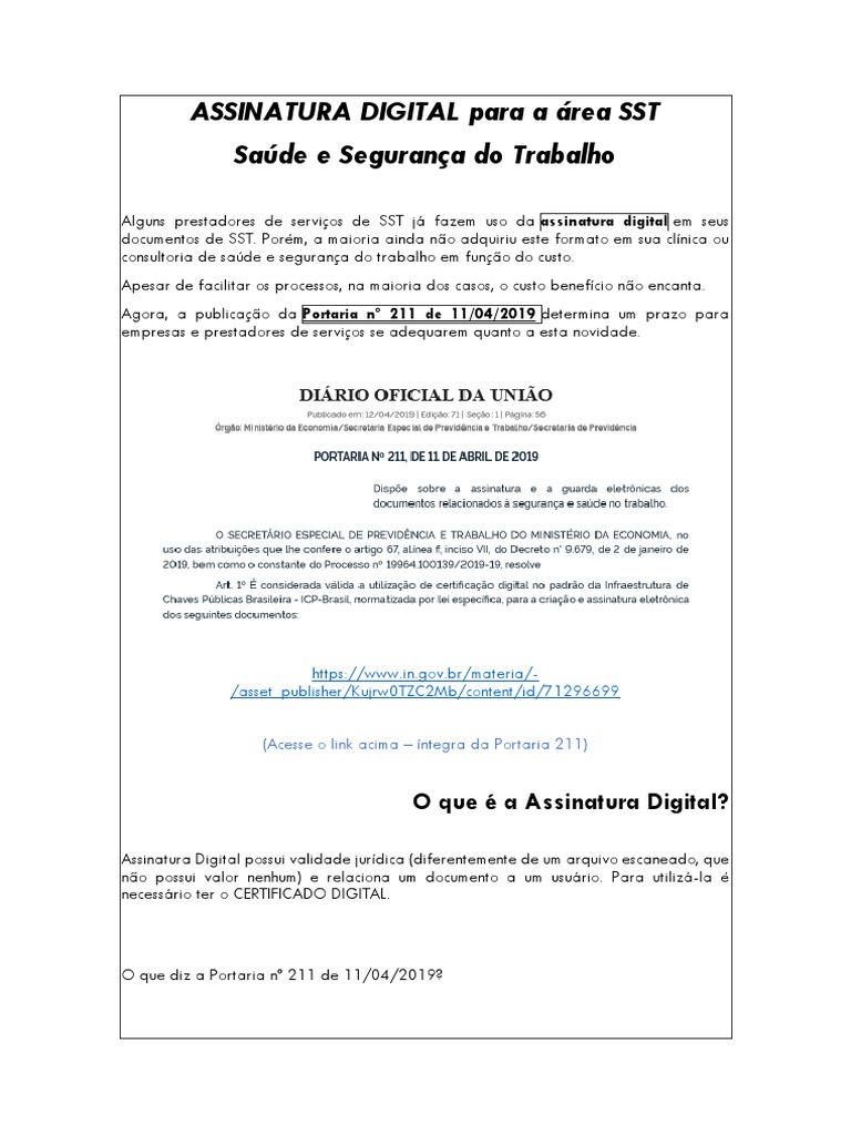 Assinatura Digital na SST e Portaria 211 | PDF | Certificado de chave ...