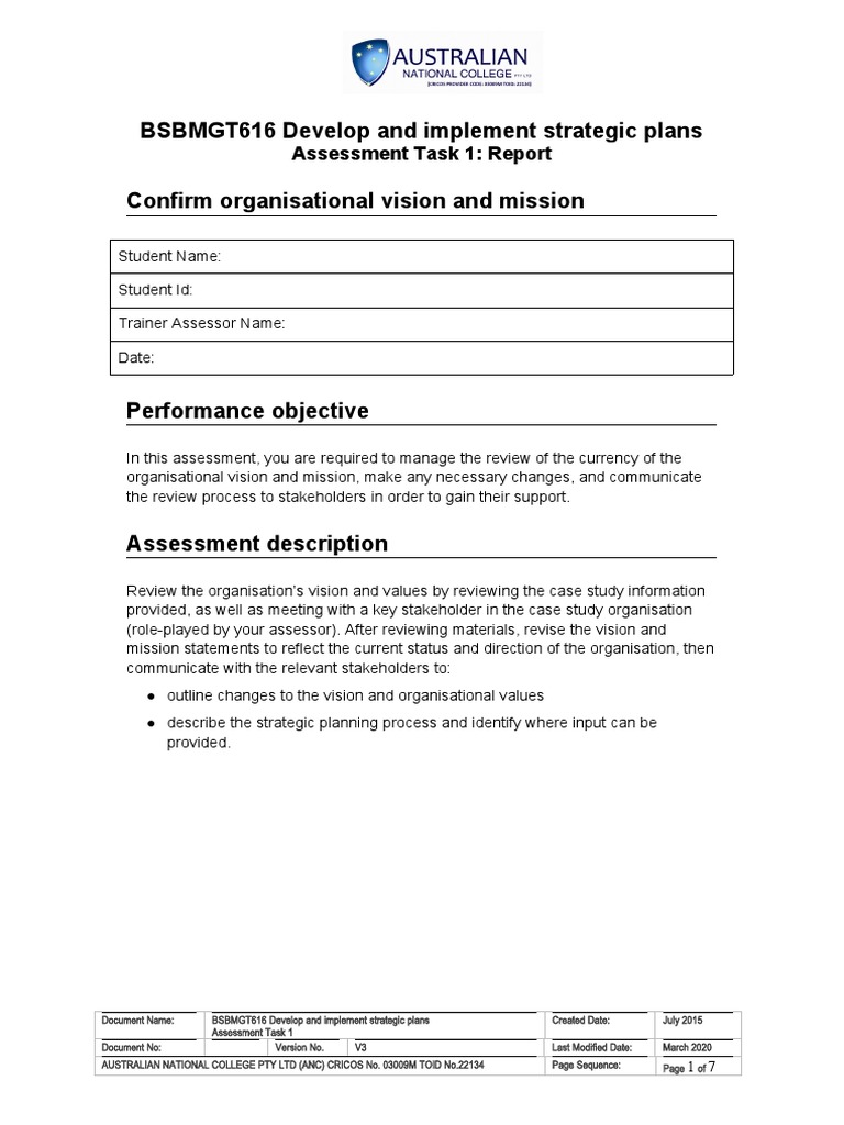 BSBMGT616 Develop and Implement Strategic Plans Confirm Organisational ...