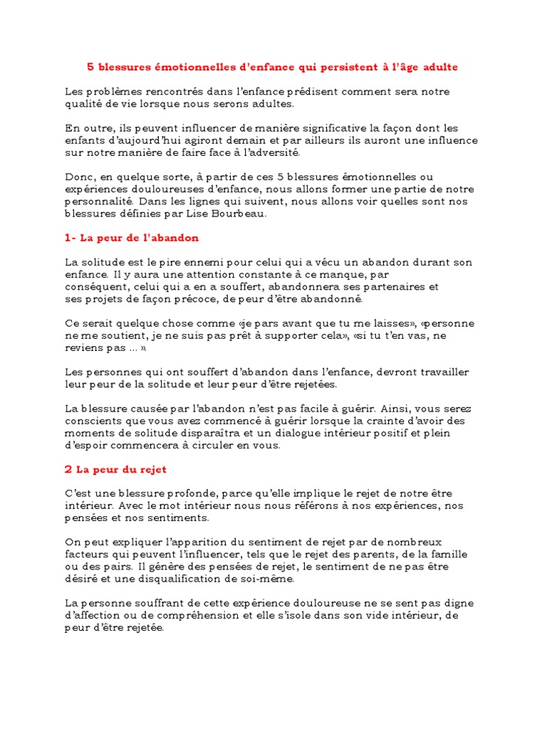 Les Cinq Blessures Qui Empêchent D être Soi même Pdf Gratuit Les 5 Blessures de L'enfance | PDF | Solitude | Peur