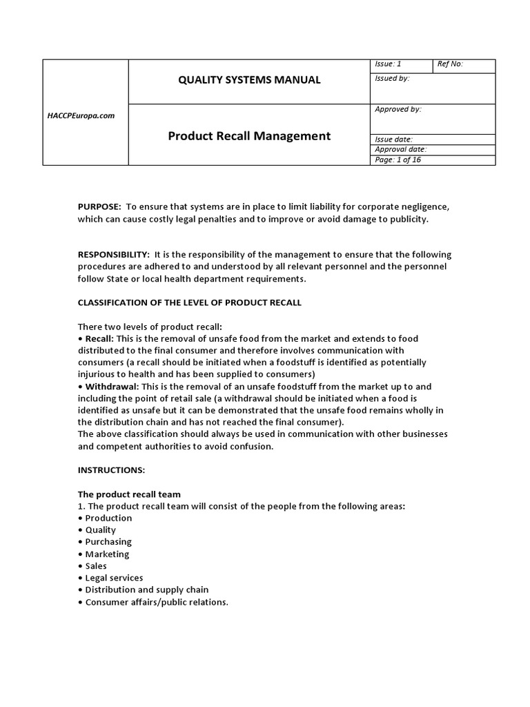 Product Recall Management Procedures | PDF | Botulinum Toxin | Risk