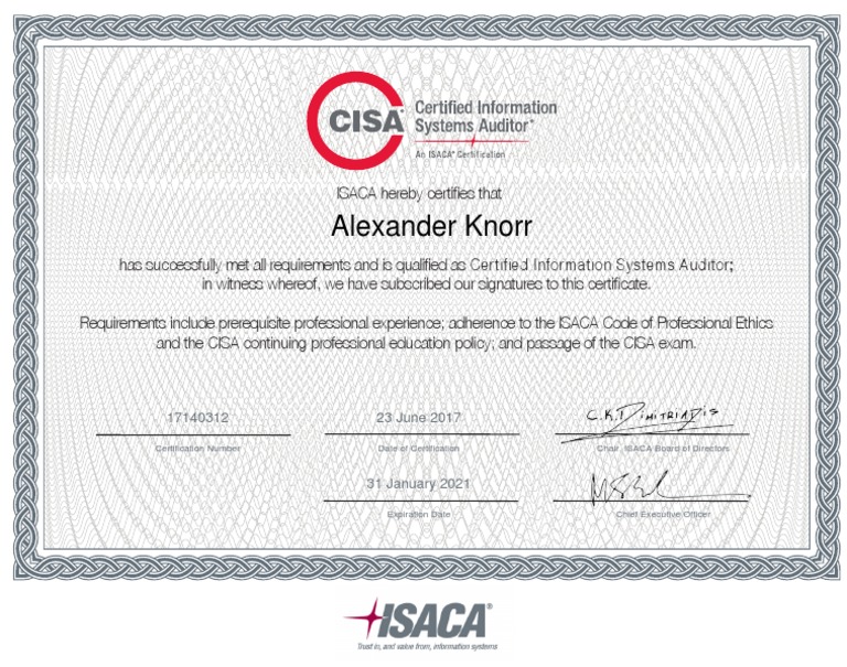 ISACA CISA Certificate PDF