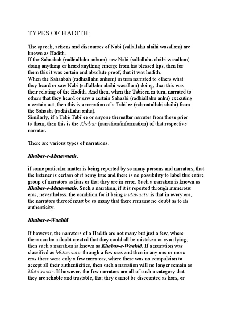 Types of Hadith KhabareMutawaatir PDF Hadith Prophets Of Islam