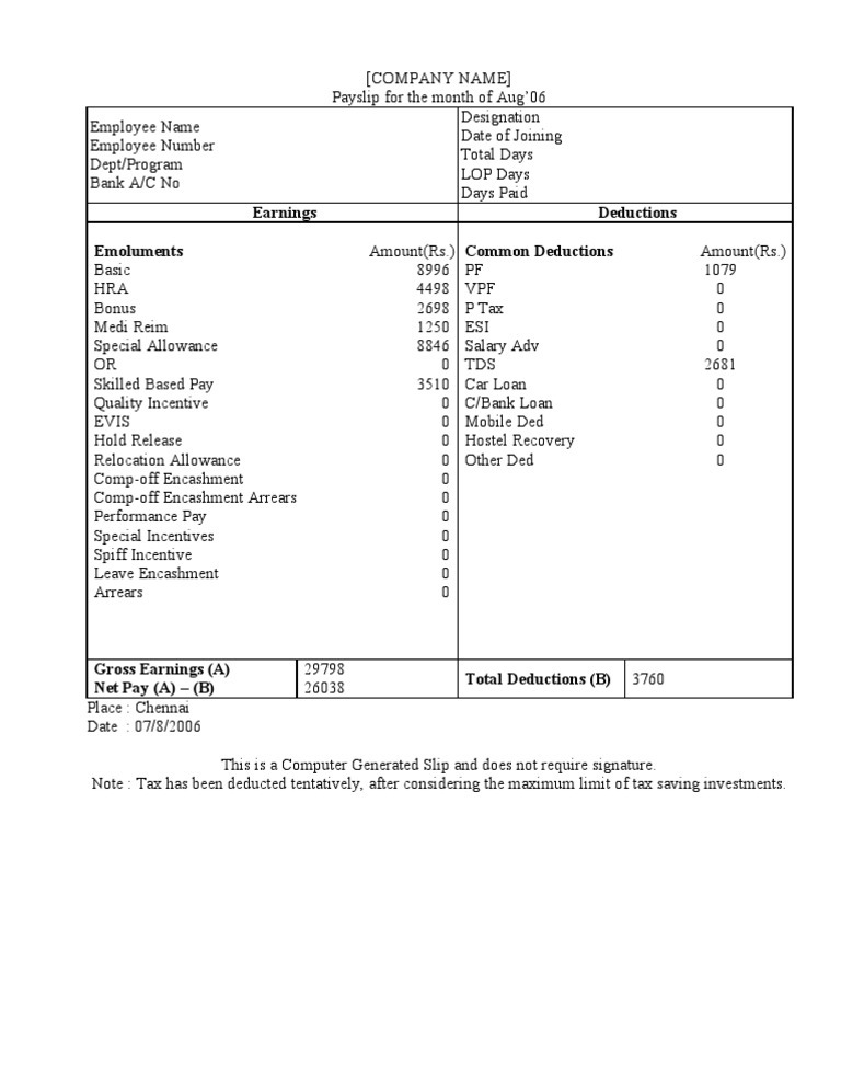 August 2006 Payslip Sample | PDF