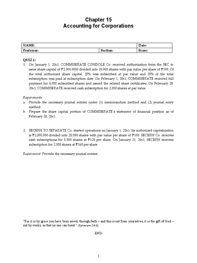 Quizzes - Chapter 15 - Accounting For Corporations | PDF 