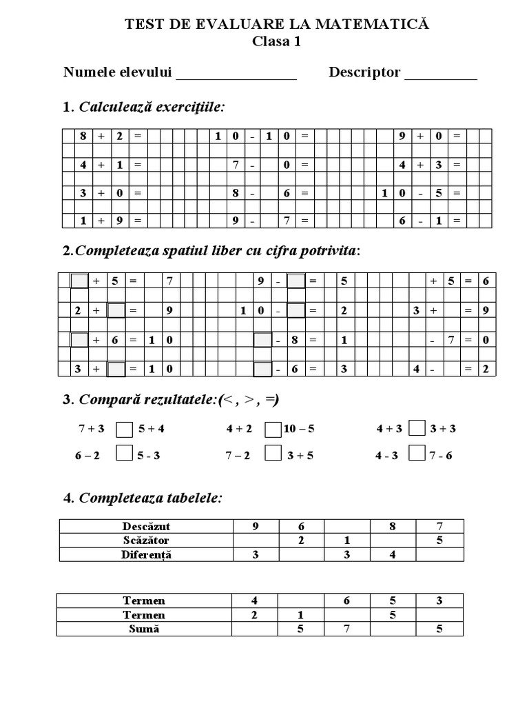 Test de Evaluare Initiala Matematică Clasa 1 | PDF