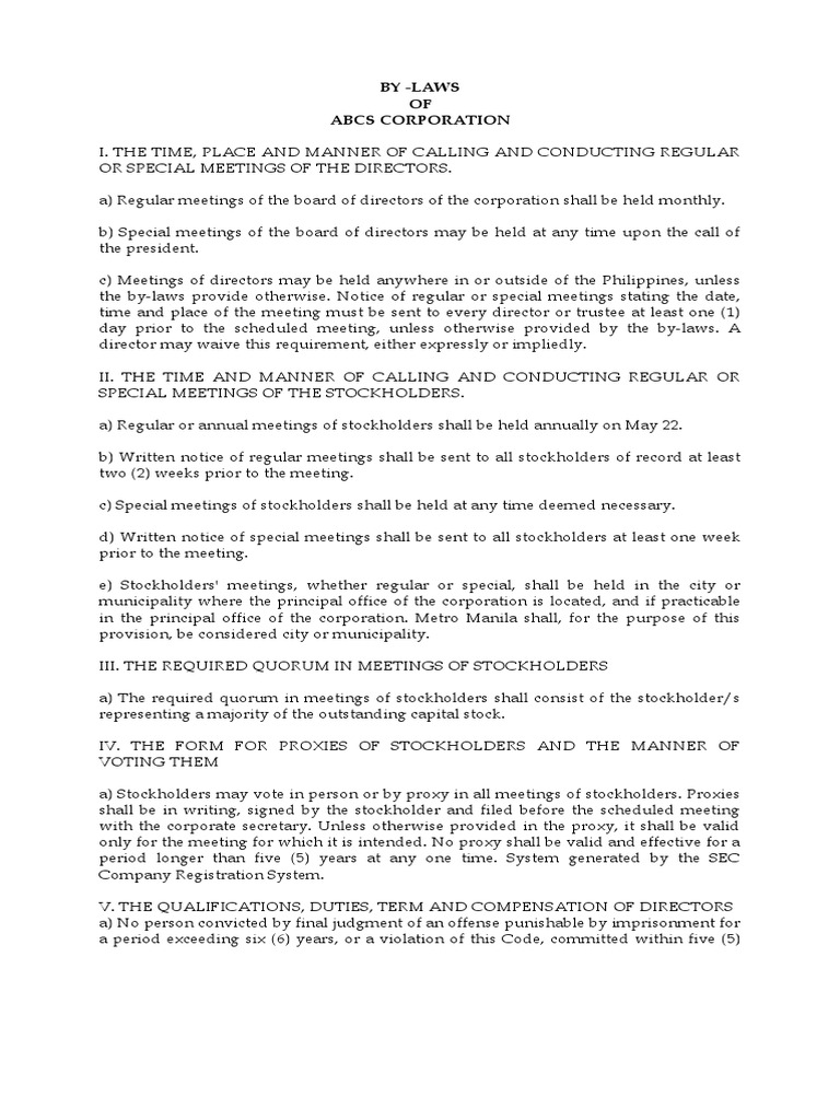 Guidelines for Governance The ByLaws of ABCS Corporation Regarding
