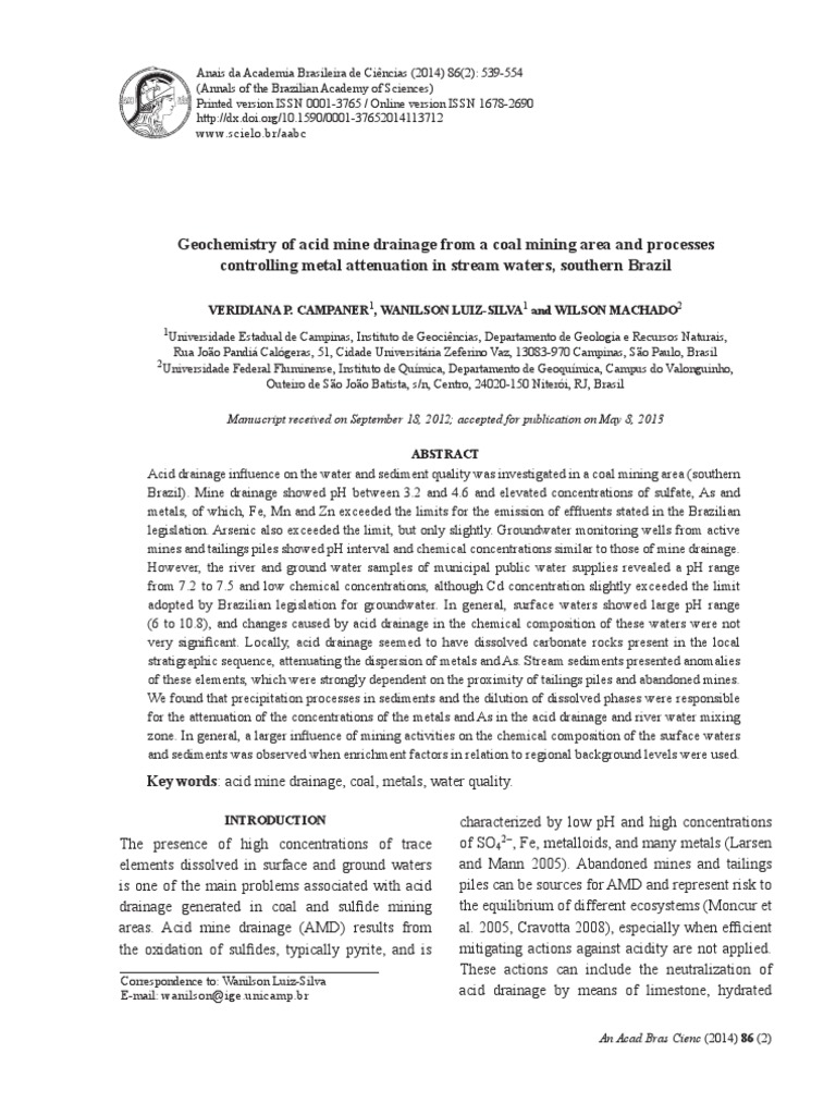 Geochemistry of Acid Mine Drainage For Coal Mine | PDF | Iron ...