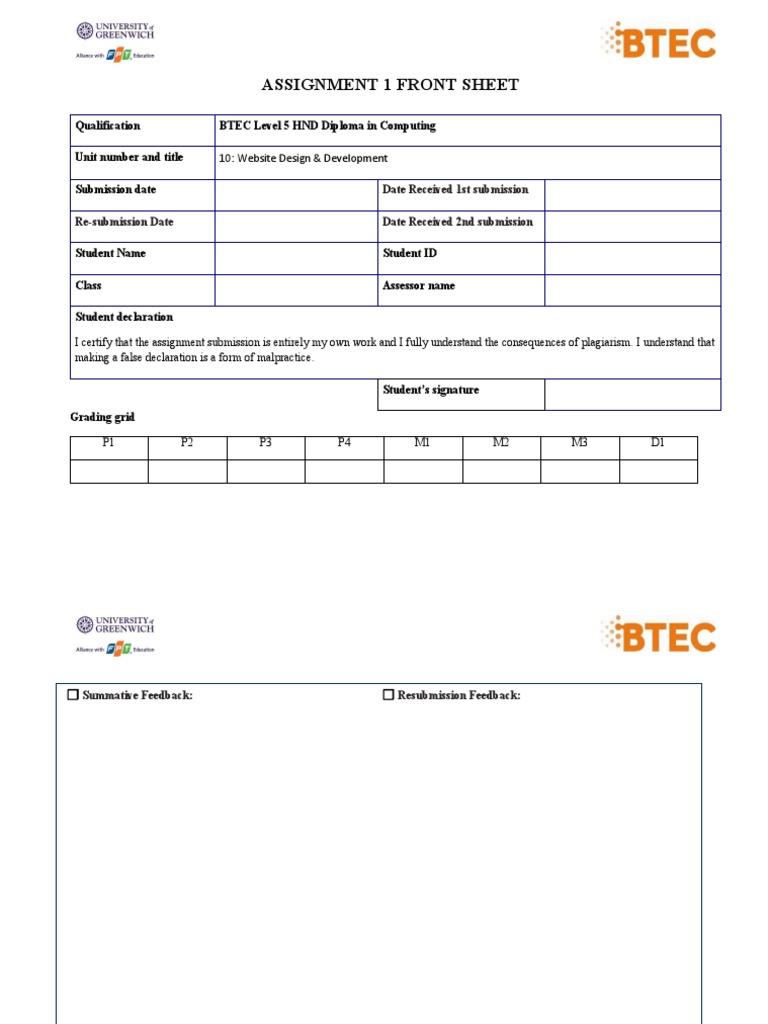 Assignment 1 Front Sheet: Qualification BTEC Level 5 HND Diploma in ...