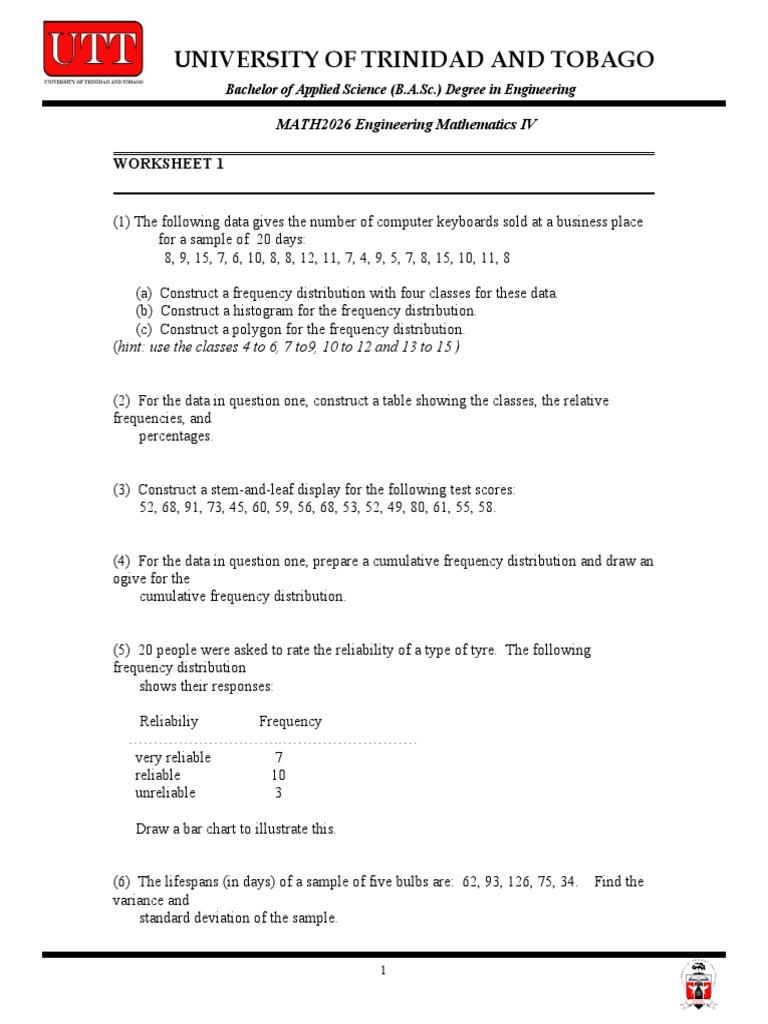 Engineering Statistics Worksheet Guide | PDF | Standard Deviation ...