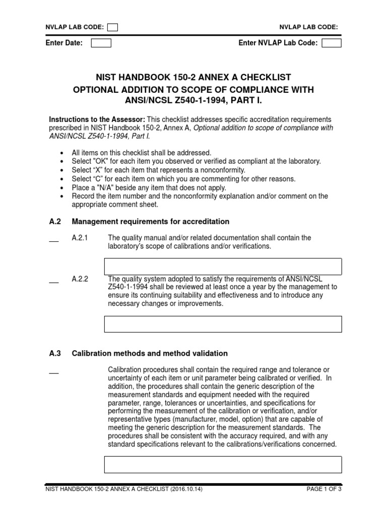 Nist Handbook 1502 Annex A Checklist Optional Addition To Scope of Compliance With ANSI/NCSL