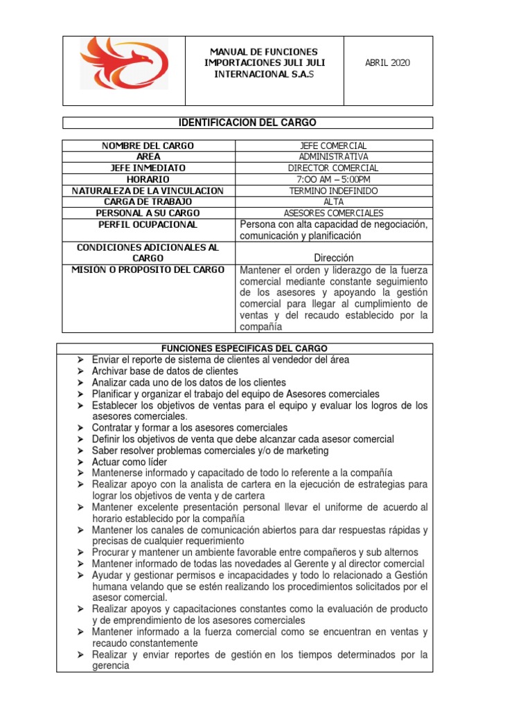 Manual de Funciones Jefe Comercial PDF Planificación Marketing