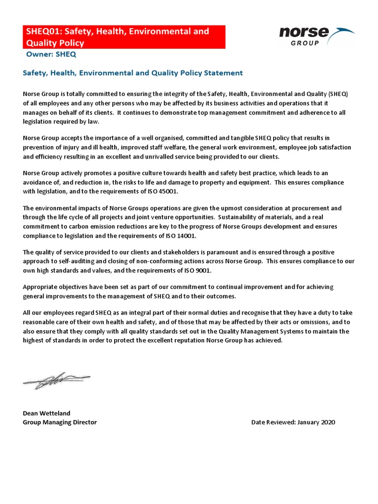 SHEQ Policy Statement Overview | PDF | Regulatory Compliance ...