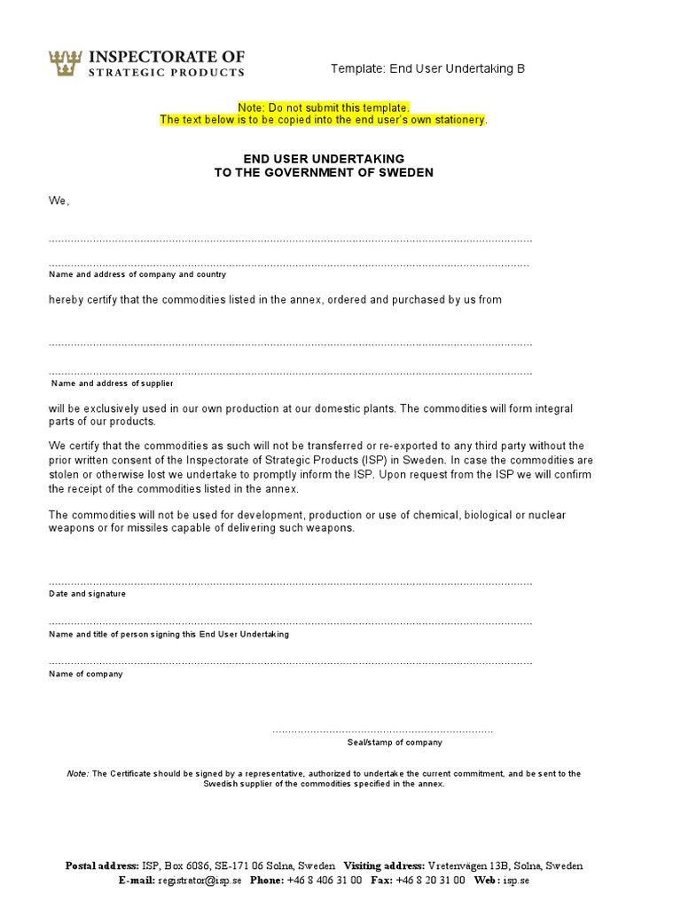 End User Undertaking To The Government of Sweden | PDF | Weaponry ...