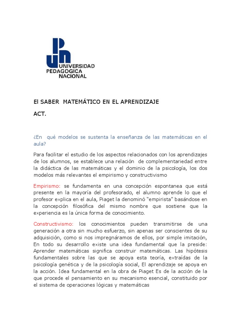 El Saber Matemático En El Aprendizaje Pdf