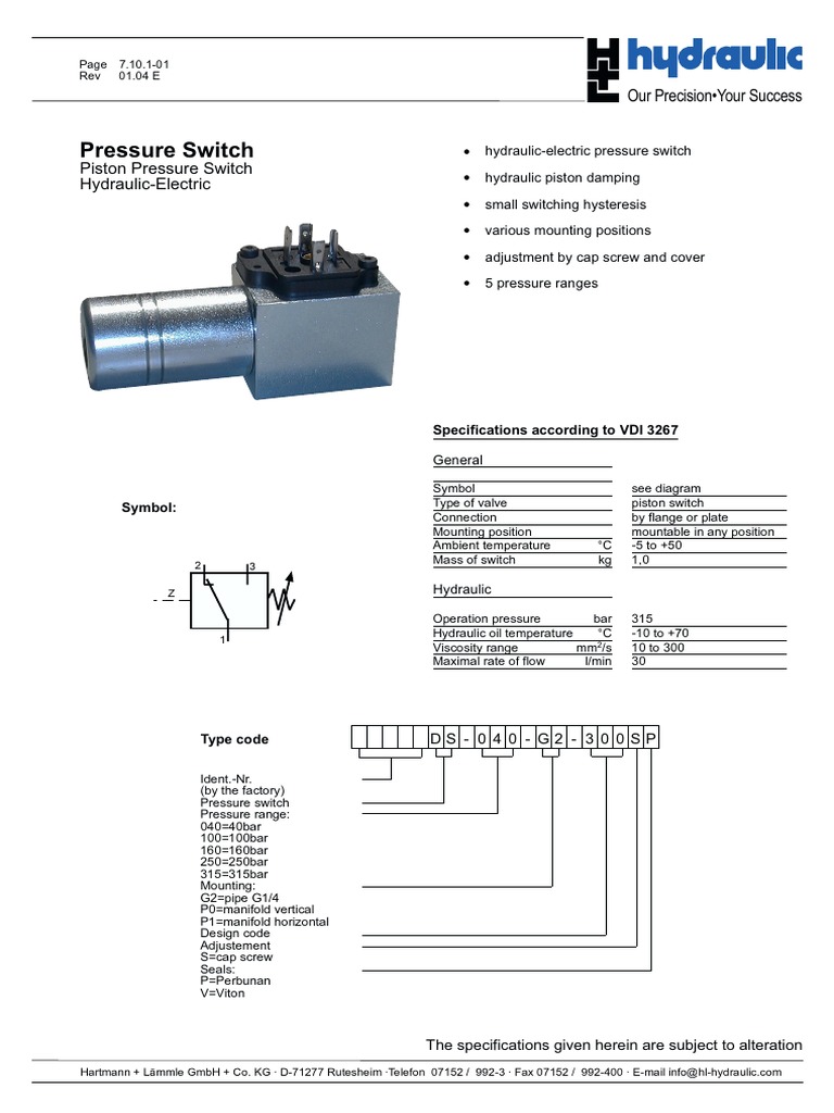 Piston Pressure Switch Hydraulic-Electric | PDF | Piston | Gases